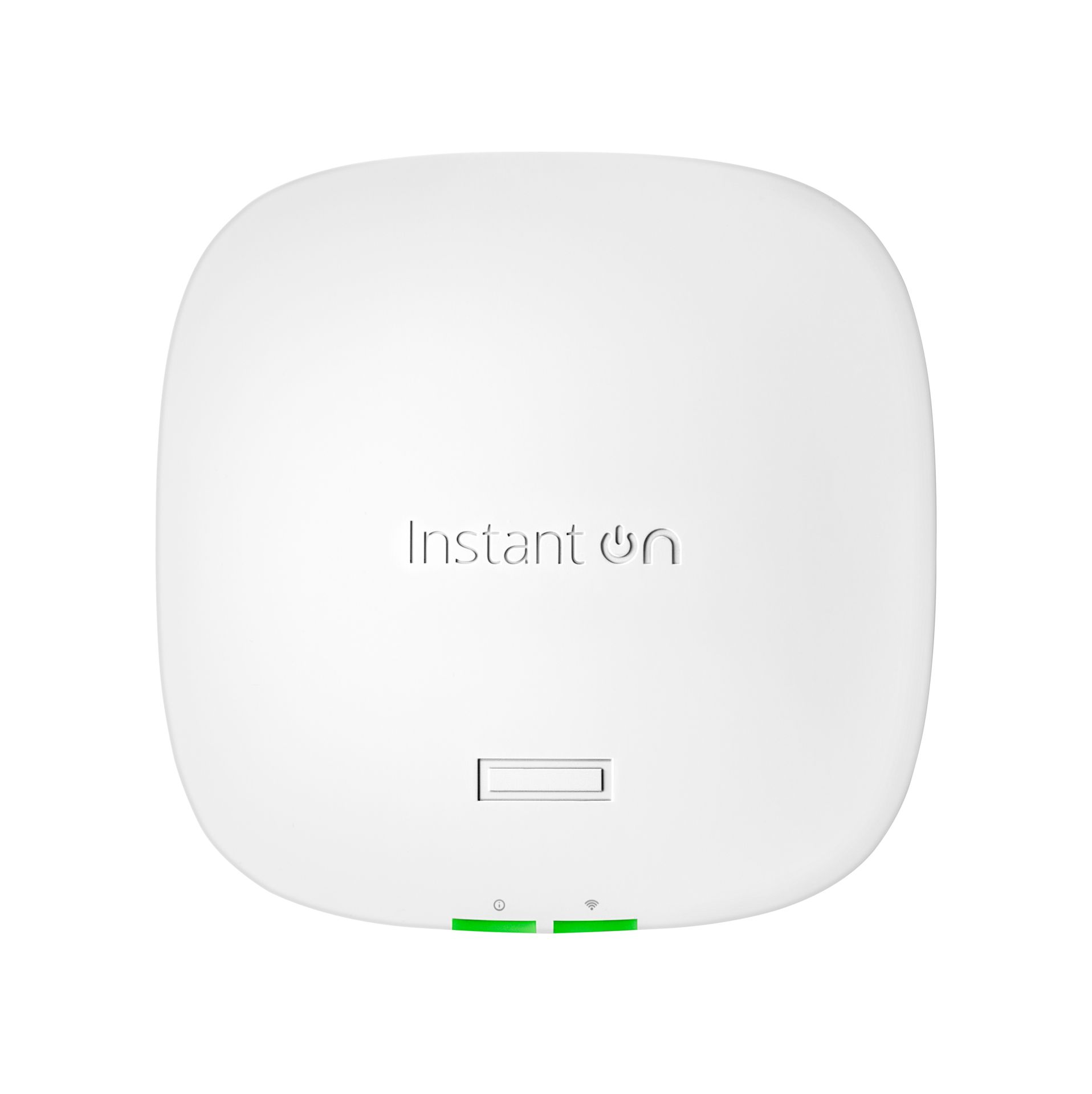 JFM Technology White rounded device front with Instant On branding and a small rectangular button green indicator lights at the bottom edge