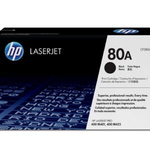 HP LaserJet 80A black print cartridge box showing HP logo and product name CF280A80A on a white panel