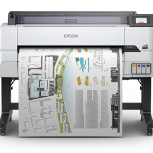 Epson wide format printer producing a color poster with diagrams and text on a stand