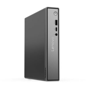 Front view of a Lenovo ThinkCentre desktop tower with power button and USB ports on the front panel