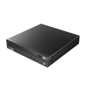 Black Lenovo ThinkCentre small form factor desktop computer front view with USB ports visible