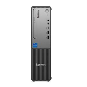 Front view of a Lenovo ThinkCentre small form factor desktop with USB ports and an Intel Core sticker on the top panel