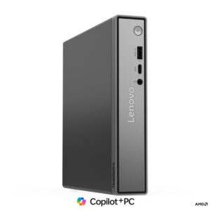 Front view of a lenovo thinkcentre desktop tower with usb port audio jack and power button on the front panel
