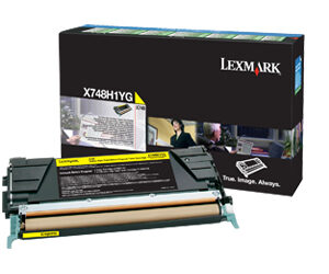 Lexmark toner cartridge with its black packaging box model x748h1yg shown from a front left angle
