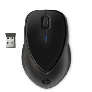 Close up of a black wireless computer mouse with a blue scroll wheel light and the USB dongle nearby showing the HP logo on the base