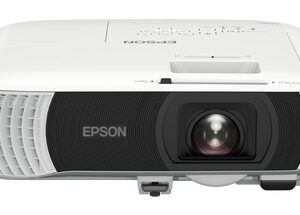 Front view of a white epson multimedia projector showing the lens on the right and ventilation grille on the left