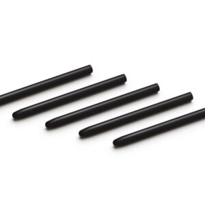 Five black cylindrical sticks with rounded ends arranged diagonally on a white background