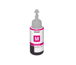 JFM Technology Epson magenta printer ink bottle with a white body and magenta label nozzle covered by a cap