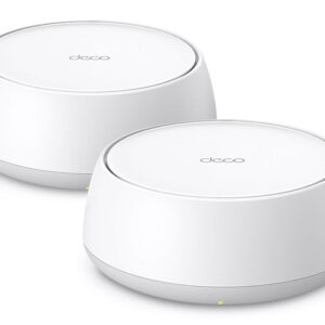 Two white round Deco mesh WiFi routers on a white background