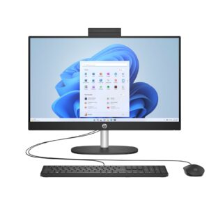 HP desktop setup showing a monitor on a stand with keyboard and mouse on a white background Windows desktop visible on screen