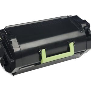 Black laser toner cartridge with a lime green handle shown from an angled side view