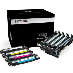 JFM Technology Lexmark toner cartridge set with a black Lexmark box and four color cartridges cyan magenta yellow black on a white background