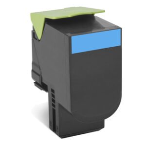 Black printer toner cartridge with a blue label and a lime green protective tab on top