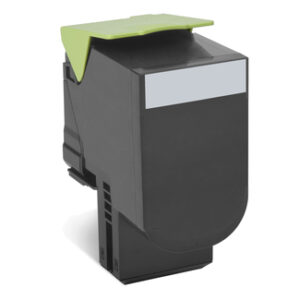 Laser printer toner cartridge with a lime green protective cap shown at an angle