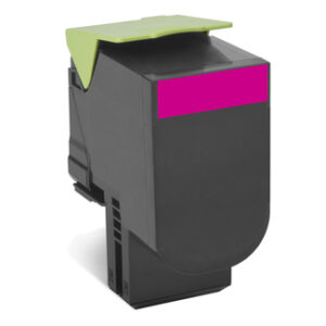 Dark gray laser printer toner cartridge with a magenta label on the front and a lime green protective cap