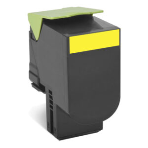 Black laser printer toner cartridge with a lime green top and a yellow label on the front