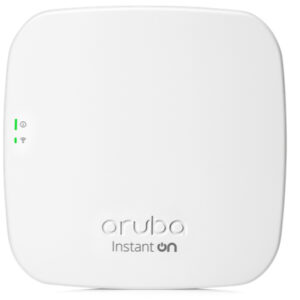 JFM Technology White Aruba Instant On access point with two small green LED indicators on the left side