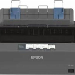 Front view of a gray epson printer with the top cover open showing the paper feed area and slots for cartridges