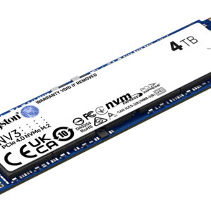 Kingston NVMe M2 SSD on a blue PCIe board label shows 4 TB capacity and PCIeNVMe markings for an M2 drive
