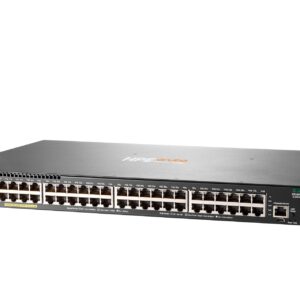Hp aruba network switch with 48 rj 45 ports and a console port black metal chassis