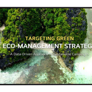 Monitor showing an aerial tropical coastline with the title Targeting Green Eco Management Strategy and a subtitle about sustainable campaigns