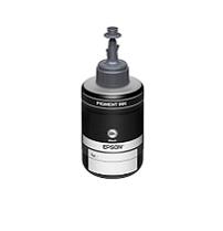 JFM Technology Black Epson printer ink bottle with a nozzle and cap used for refilling ink cartridges