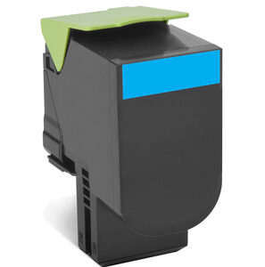 Black printer toner cartridge with a green protective lid partially opened at the top blue label area visible on the front