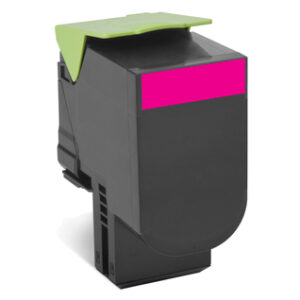 Laser printer toner cartridge in dark gray with a magenta label and lime green lid shown at an angle