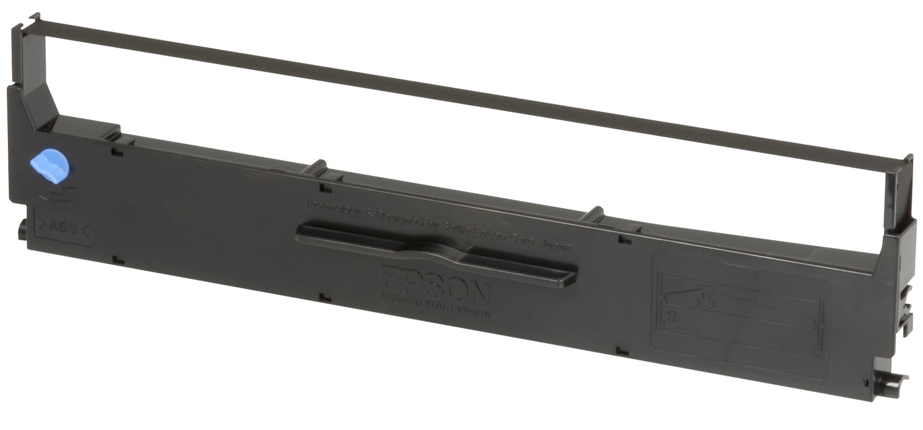 JFM Technology Long rectangular printer toner cartridge in dark gray with a blue adjustment knob on the left and a central handle view from the side