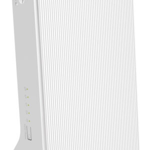 White wireless router standing upright with a ribbed front panel and status leds on the left side