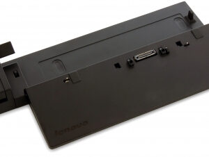 Black Lenovo ThinkPad docking station with multiple ports and a central docking connector viewed from above at an angle