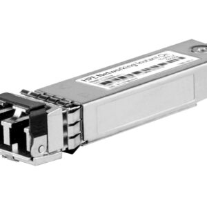 HP network transceiveradapter module with metallic enclosure and multi pin connector on the left label visible on top edge informational image of hardware