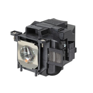 Replacement projector lamp housing with the bulb visible inside a metal bezel and mounting tabs for installation
