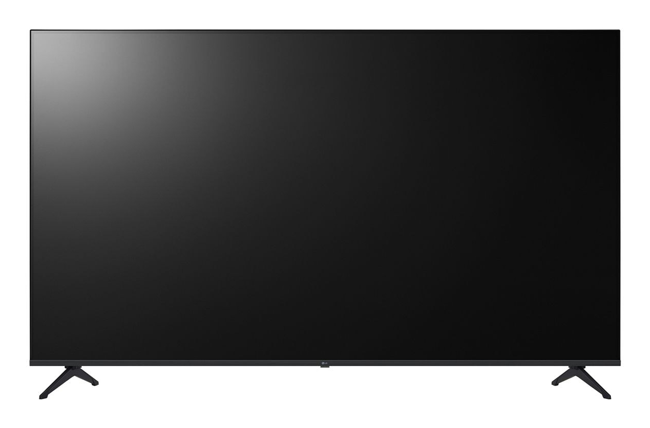 JFM Technology Black flat screen tv with slim bezels and two angled stand feet at the bottom corners