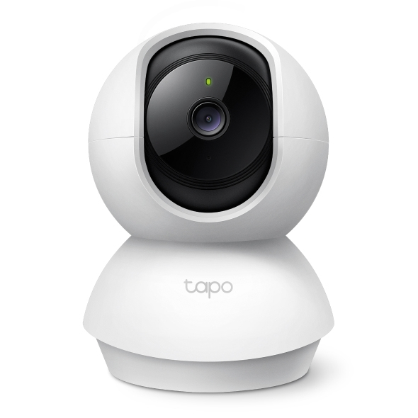 JFM Technology White spherical indoor security camera on a white stand facing forward with a visible lens and status light