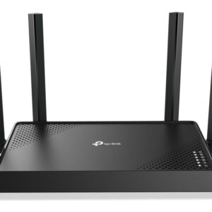 TP Link wireless router with four external antennas and perforated top panel on a flat surface