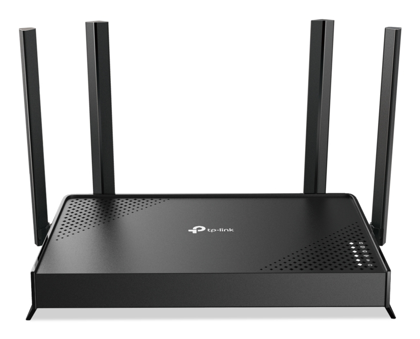 JFM Technology Tp link wireless router with four external antennas and perforated top panel on a flat surface