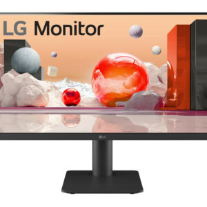 Lg monitor on a stand showing an abstract peach toned landscape with colorful spheres on the screen