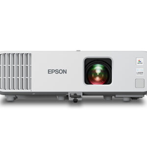 JFM Technology Front view of an Epson multimedia projector whitegray with a large lens on the right and a vented grille on the left