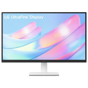 LG UltraFine Display monitor on a white stand with a pastel wallpaper on the screen black bezel edge