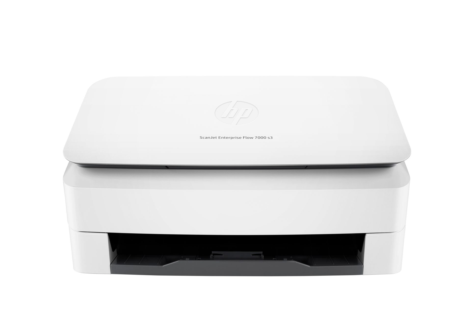 JFM Technology Hp scanjet enterprise flow 7000 s3 printer top view in white minimal background showcasing lid and logo