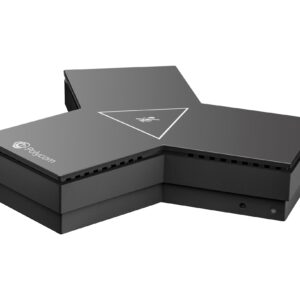 JFM Technology Dark gray polycom conference device with a flip up lid and a white triangular logo on the top panel