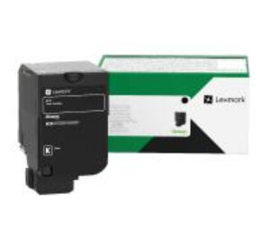 Black Lexmark toner cartridge next to its green and white packaging box