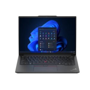 JFM Technology Lenovo thinkpad laptop open with dark gray chassis displaying windows 11 on screen red trackpoint in the keyboard center thinkpad logo bottom right edge