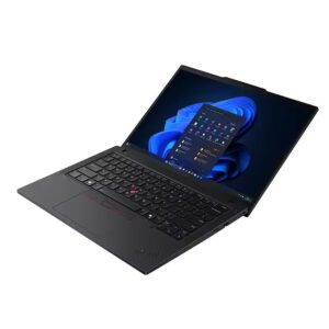 JFM Technology Two in one laptop with dark gray chassis open to show a Windows 11 start screen and a keyboard with red TrackPoint