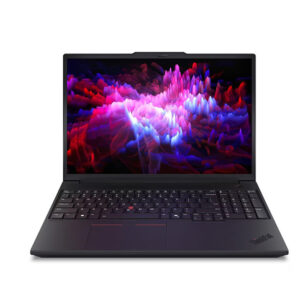 JFM Technology Lenovo ThinkPad laptop open with a colorful abstract wallpaper on the screen keyboard visible on a white background