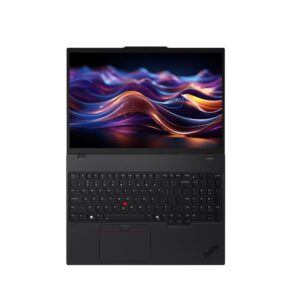 Top down view of a black thinkpad laptop with a colorful wave wallpaper on the screen red trackpoint in the keyboard center and touchpad below the keyboard