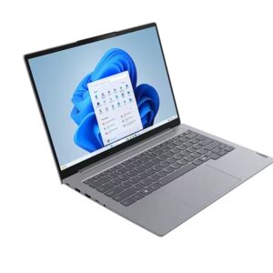 Slim gray laptop open at an angle showing windows 11 desktop on screen with a blue wallpaper