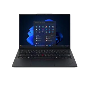 Black Lenovo ThinkPad laptop open on a desk showing Windows 11 desktop with a dark app window and a red trackpoint on the keyboard pointpad area