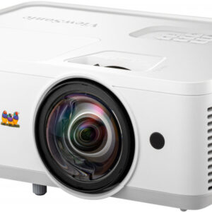 White multimedia projector with a large central lens and side ventilation grills showing on a white body in a front view